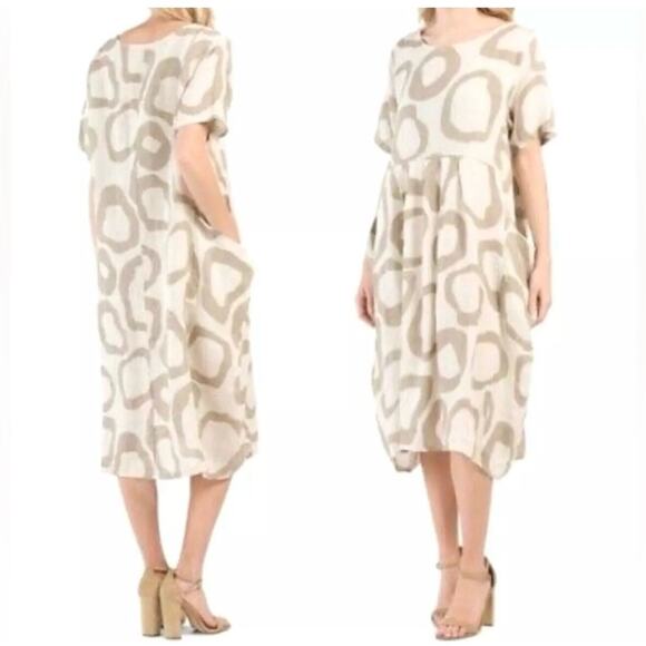 KLASIKS Dress Small Italian 100% Linen Oversized Overlay Pockets Midi Lagan Flax - Picture 1 of 13